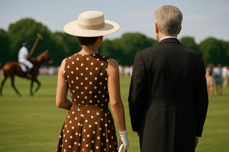Paar von hinten beim Zuschauen eines Polo-Spiels – Polospieler im Hintergrund