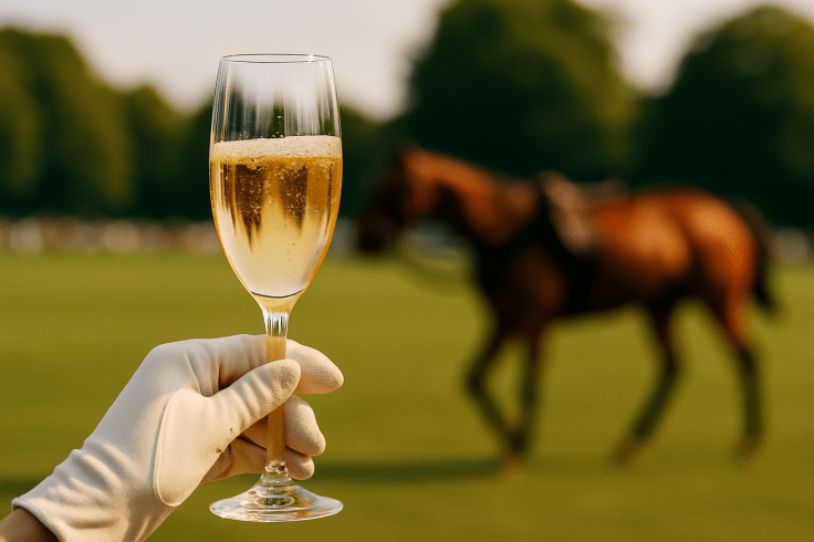 Nahaufnahme einer elegant gloved Hand mit Champagnerglas, im Hintergrund unscharf ein vorbeigehendes Pferd bei einem Polo-Event.